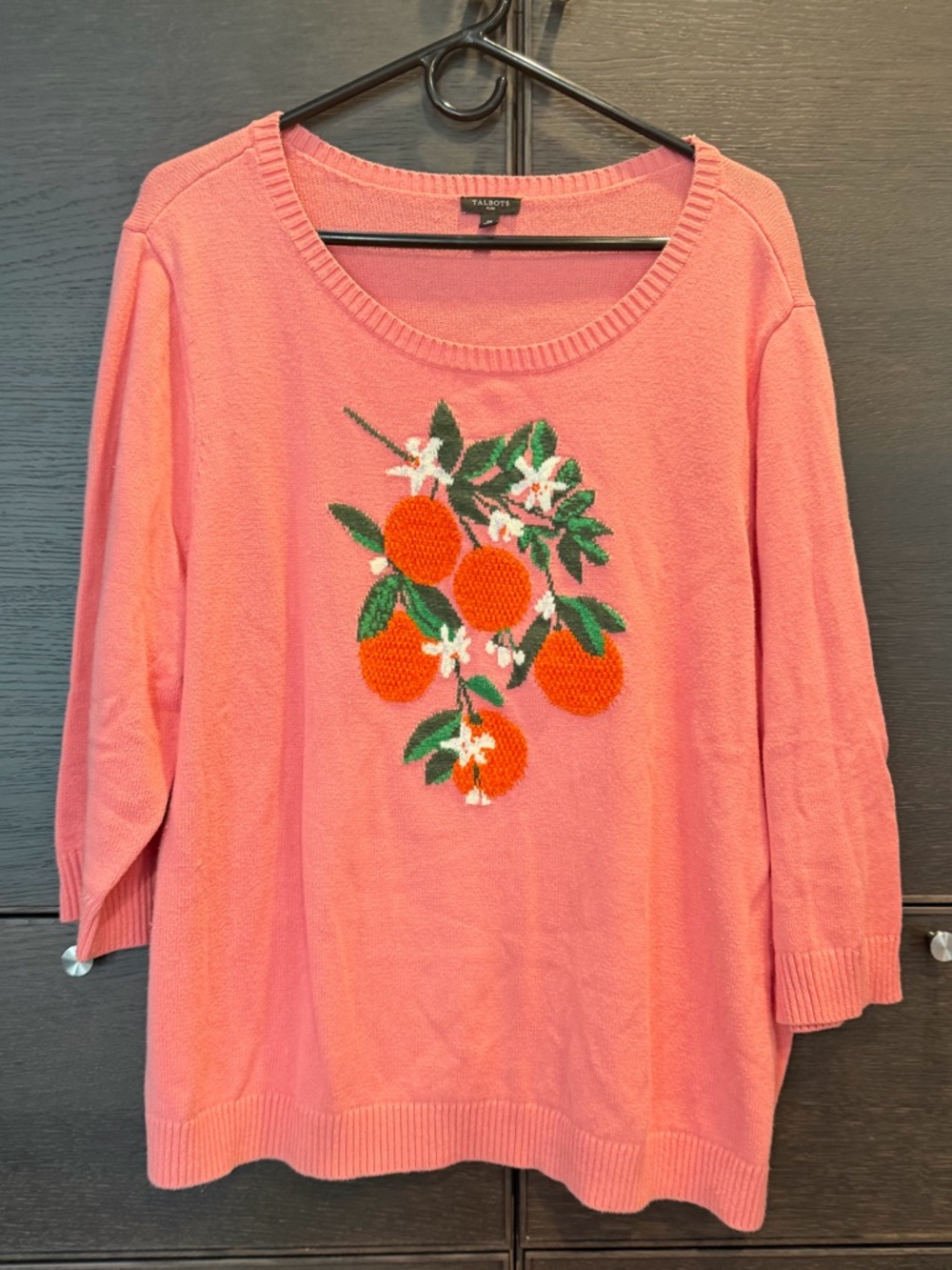 Talbots Coral Pink Sweater with Orange Fruit Embroidery